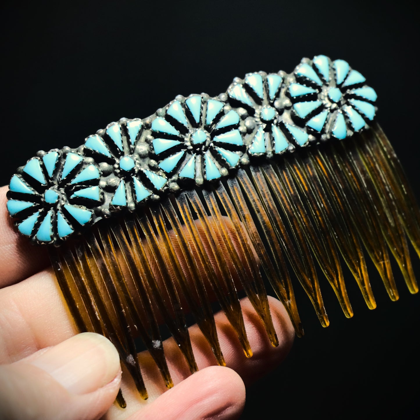 Vintage un Signed Zuni Sterling Silver Floral Petit Point Blue Turquoise Hair Comb