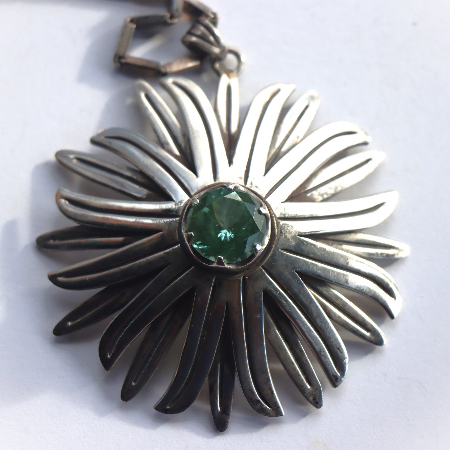 TAXCO Art Deco c1940 Sterling Flower Pendant Color Change lab Sapphire Sterling Baht Chain