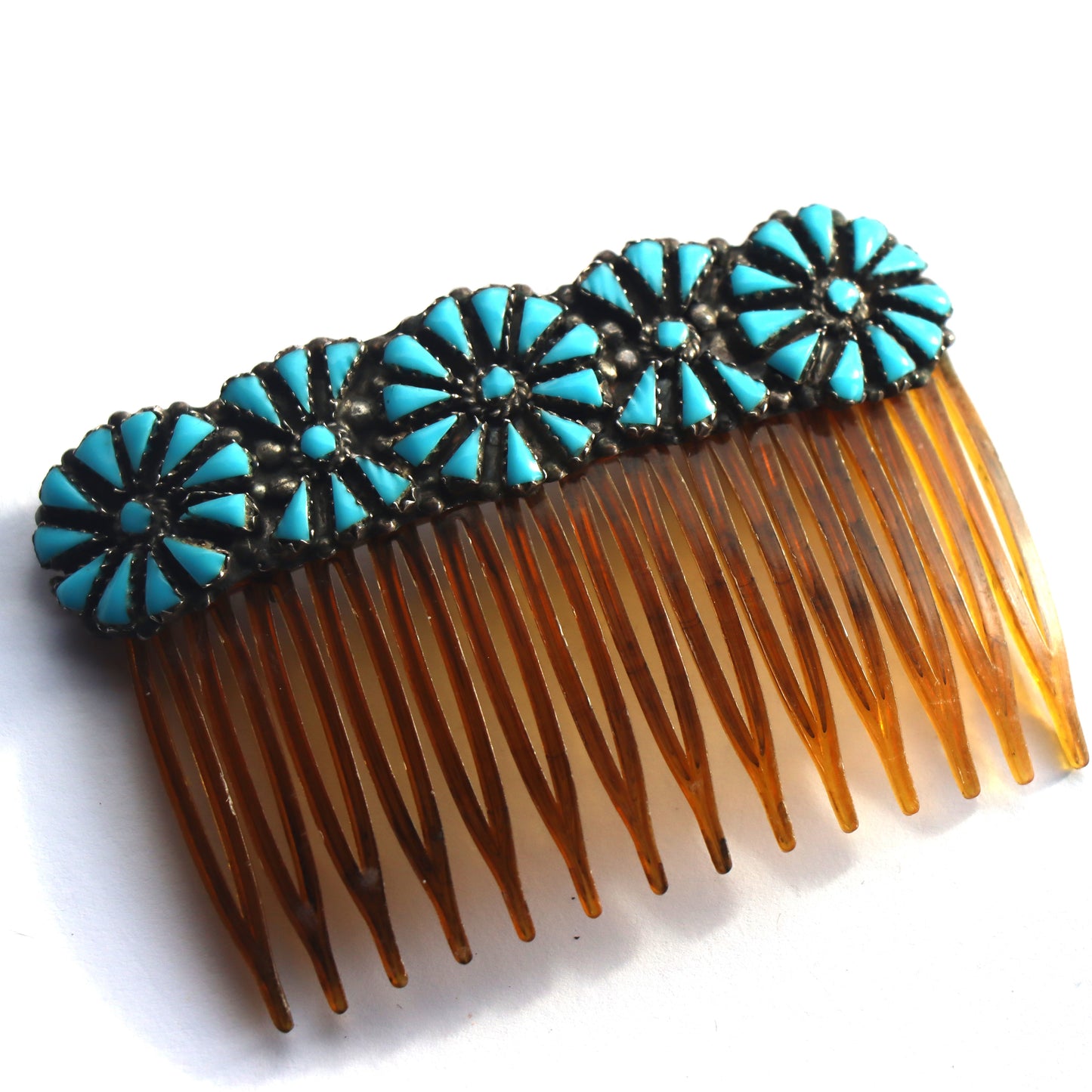 Vintage un Signed Zuni Sterling Silver Floral Petit Point Blue Turquoise Hair Comb