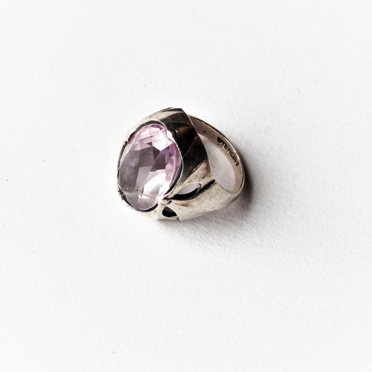 Vintage Art Deco Linen Fold Sterling Silver 9ct oval Amethyst Cocktail Ring sz 5.25