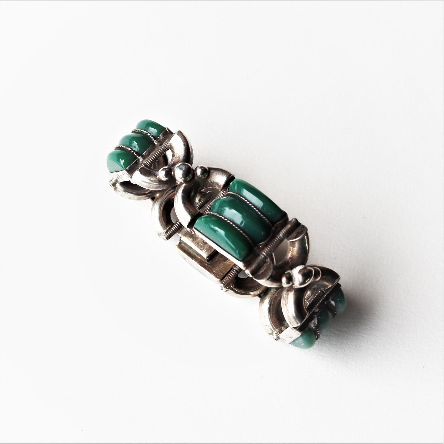 Vintage Mexico Art Deco style Sterling Silver Carved Green Onyx Panel Bracelet