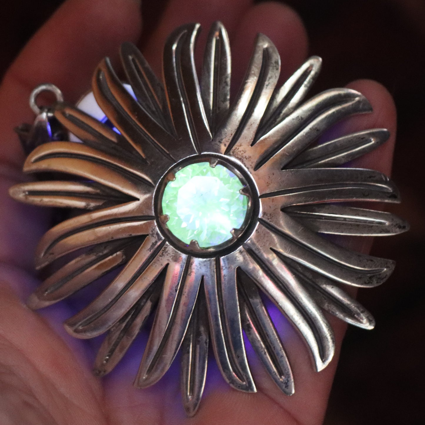TAXCO Art Deco c1940 Sterling Flower Pendant Color Change lab Sapphire Sterling Baht Chain