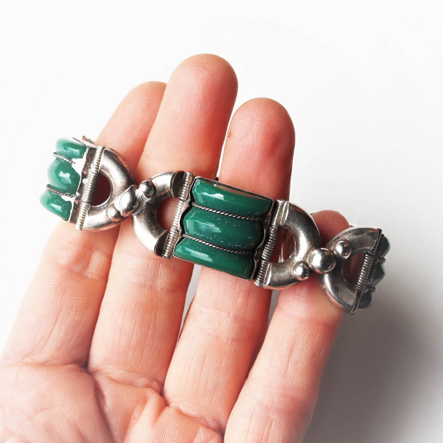 Vintage Mexico Art Deco style Sterling Silver Carved Green Onyx Panel Bracelet