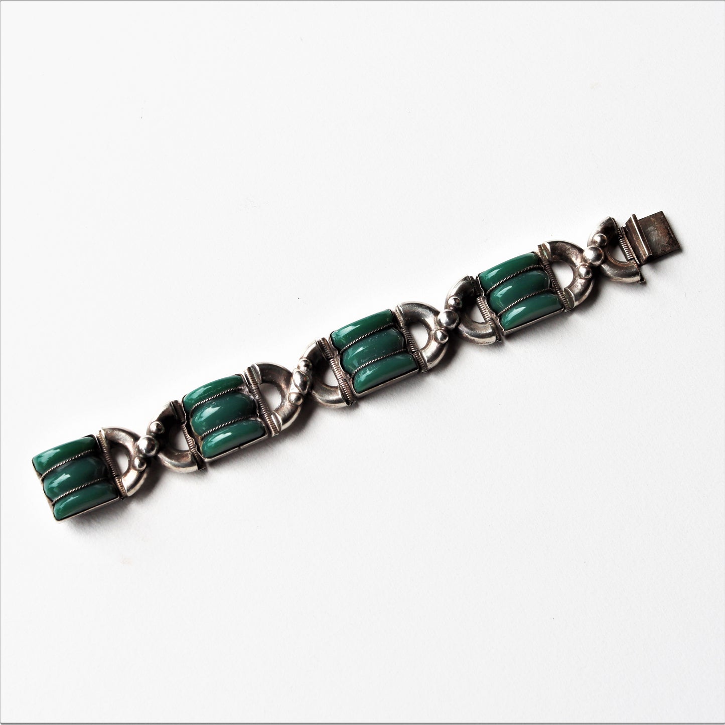 Vintage Mexico Art Deco style Sterling Silver Carved Green Onyx Panel Bracelet