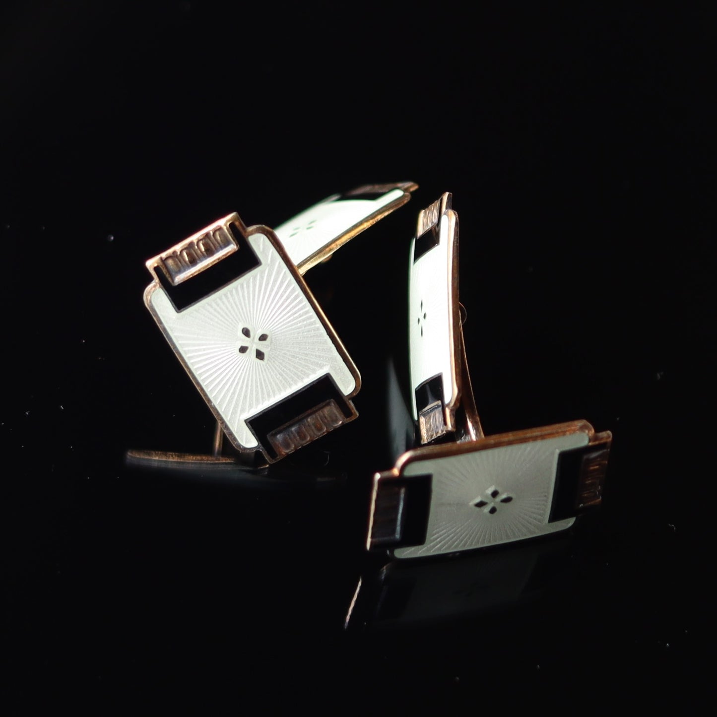 Vintage Norway Mid Century 925S Black White Guilloche Enamel Norne Vermeil Cufflinks
