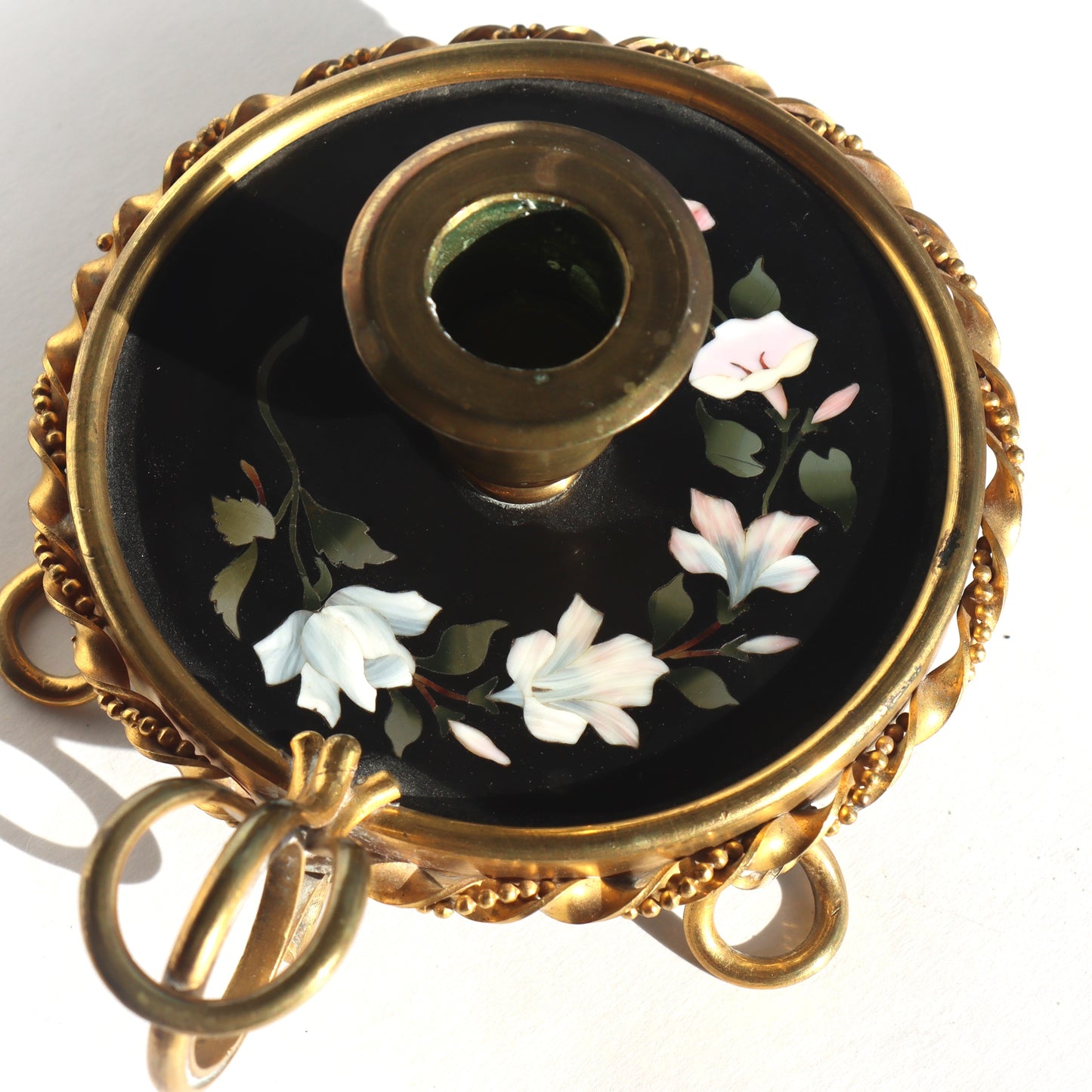 Antique 19th century French Gilded Brass Pietra Dura Floral Chamberstick