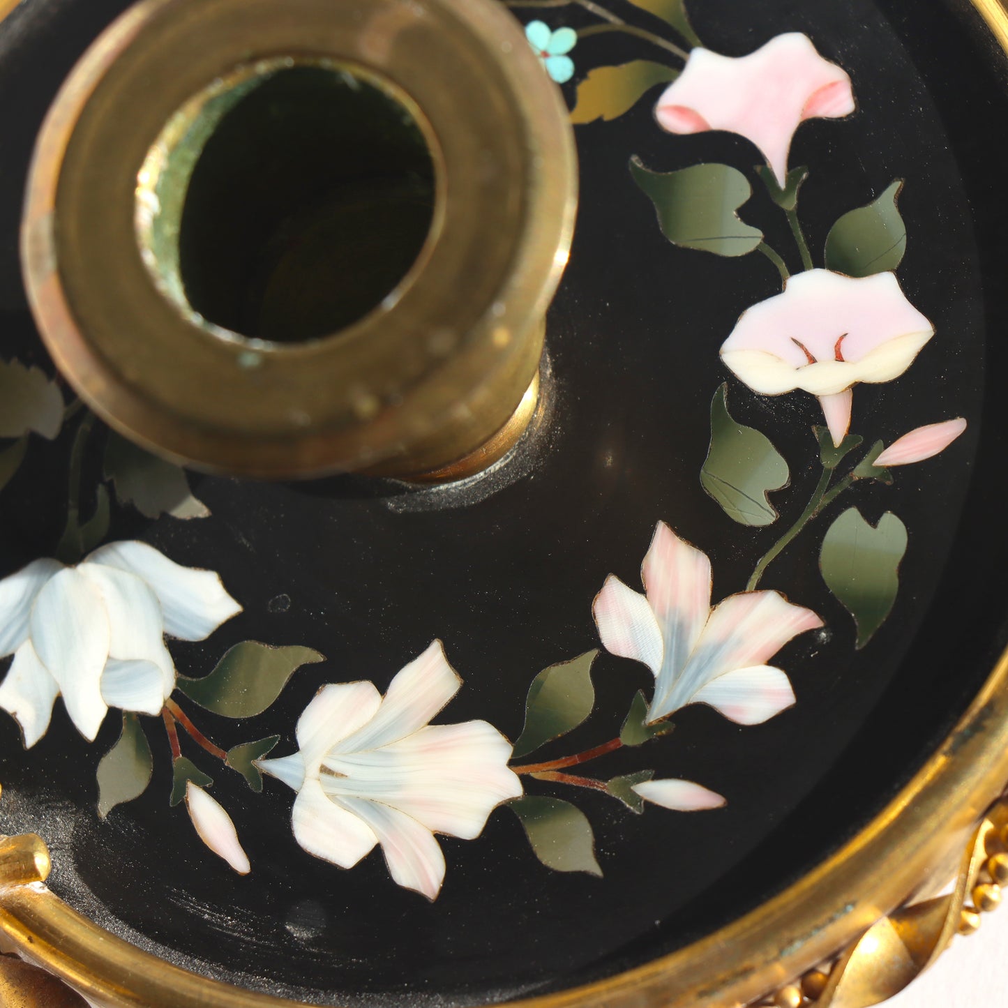Antique 19th century French Gilded Brass Pietra Dura Floral Chamberstick