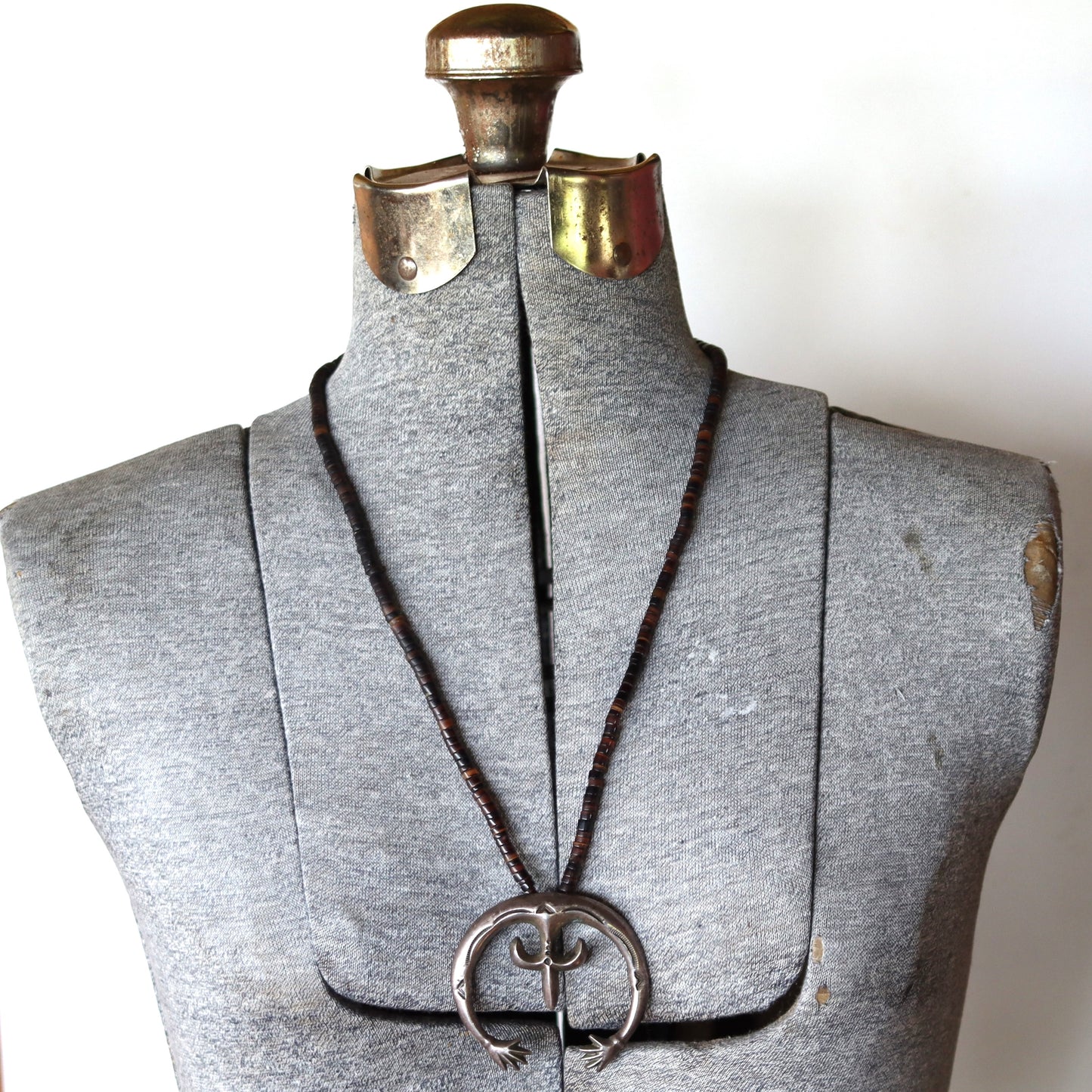 Vintage un Signed Navajo Sand Tufa Cast Coin Sterling Silver Naja Pendant Heishi Olive Shell Bead Necklace