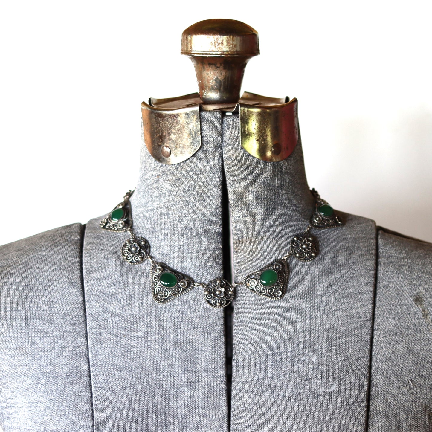 Vintage Continental Sterling Silver Chrysoprase Filigree Panel Collar Necklace