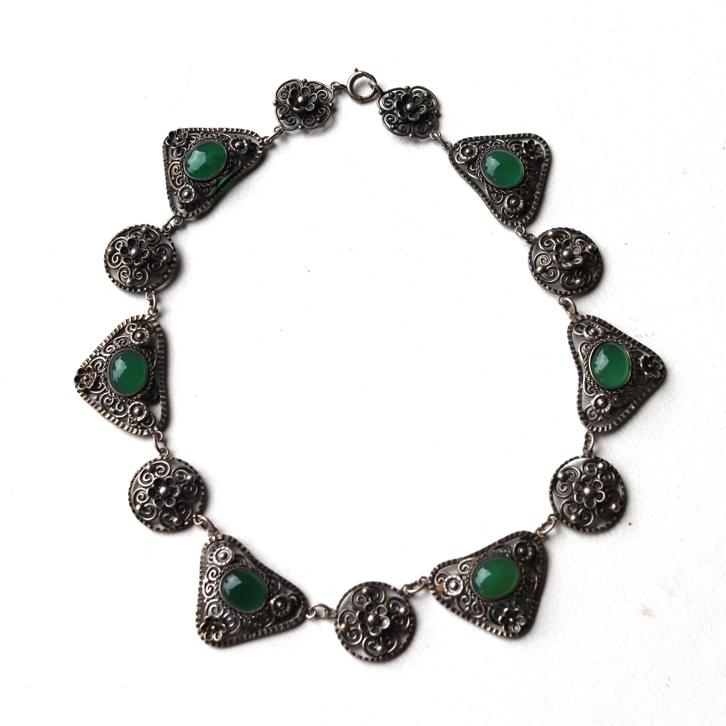 Vintage Continental Sterling Silver Chrysoprase Filigree Panel Collar Necklace