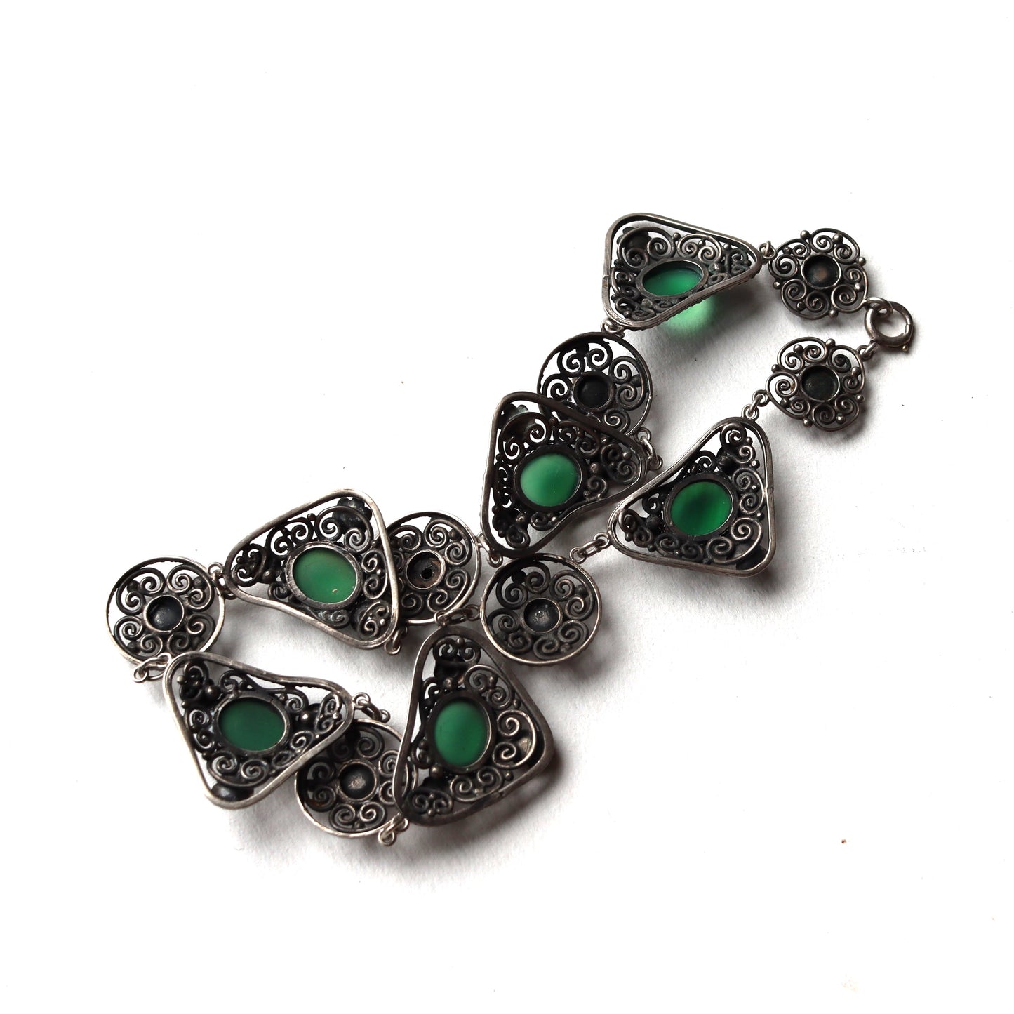 Vintage Continental Sterling Silver Chrysoprase Filigree Panel Collar Necklace