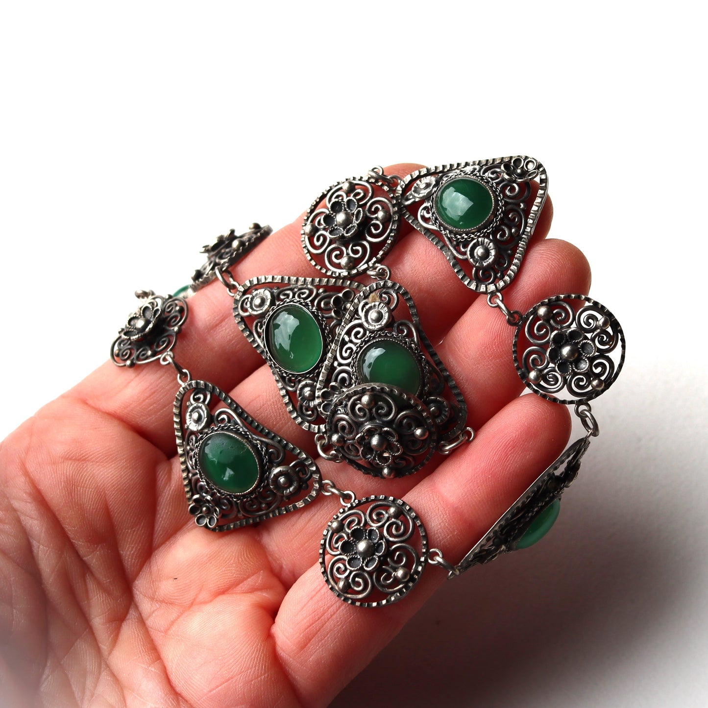 Vintage Continental Sterling Silver Chrysoprase Filigree Panel Collar Necklace