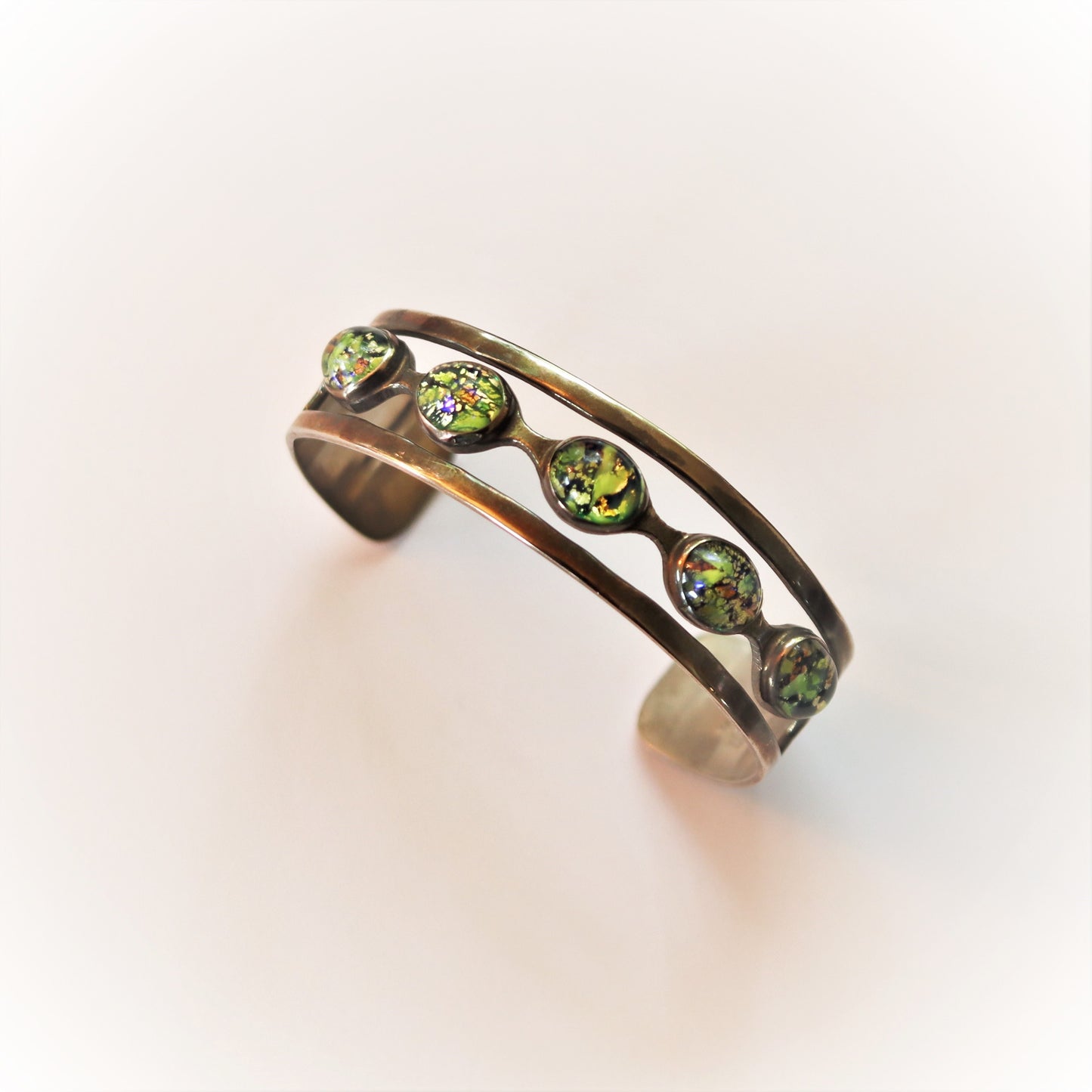 Vintage Taxco Mexico Mid Century Green Foil Opal Glass Sterling Silver Cuff Bracelet