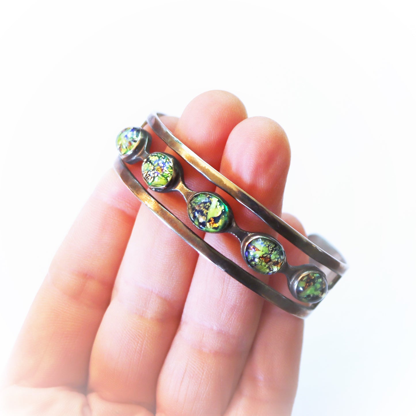 Vintage Taxco Mexico Mid Century Green Foil Opal Glass Sterling Silver Cuff Bracelet