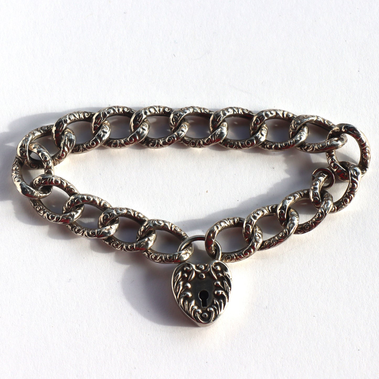 Victorian Sterling Silver Curb Chain Link Bracelet Heart Lock Clasp c1900
