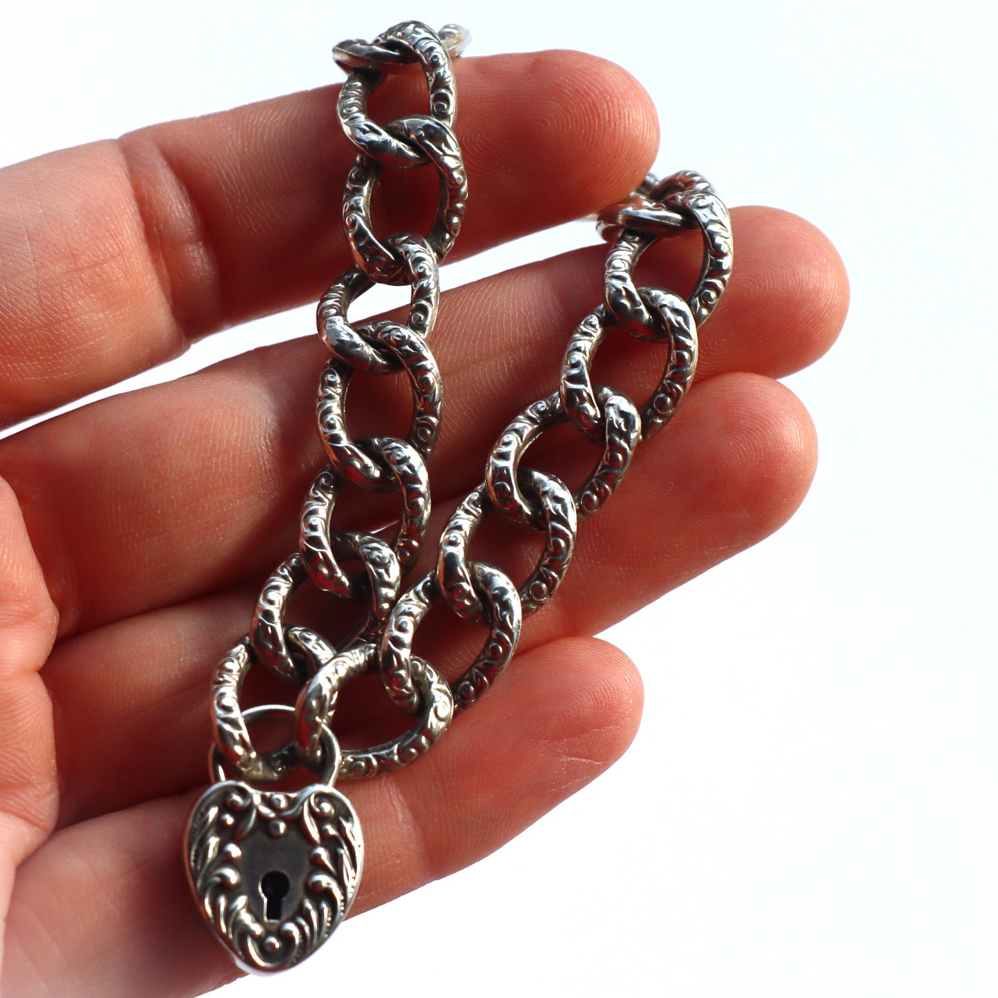 Victorian Sterling Silver Curb Chain Link Bracelet Heart Lock Clasp c1900