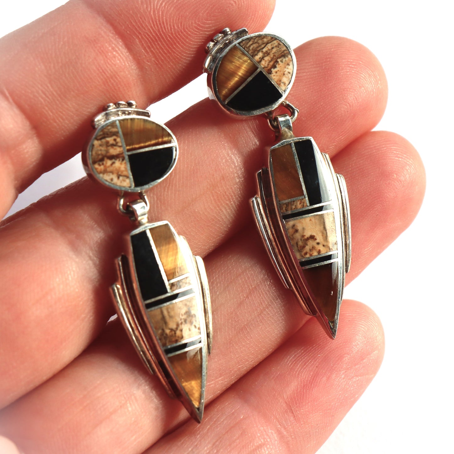 Vintage Southwest Zuni Tigers Eye Jasper Onyx Inlaid Silver Star Dangle Pierced Earrings