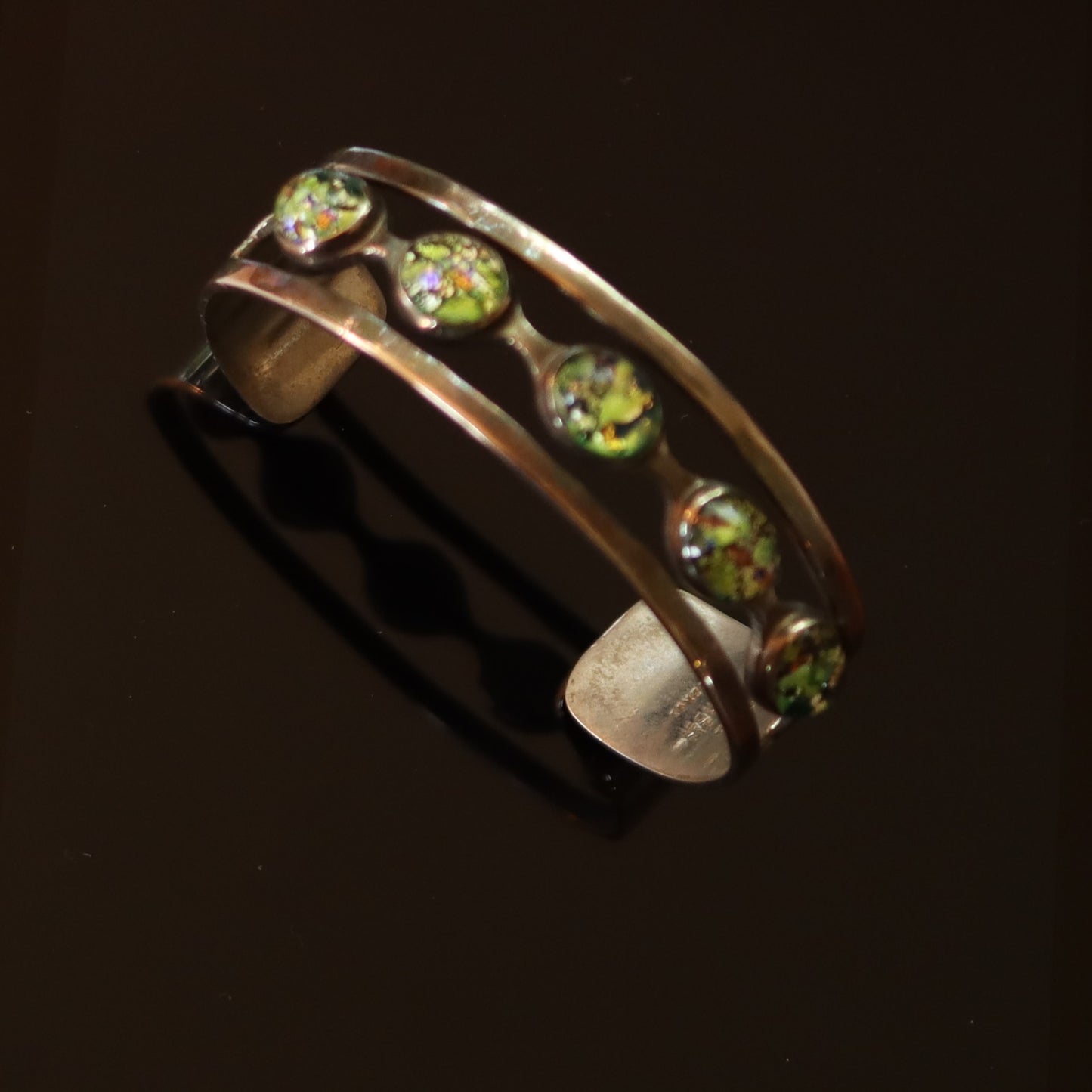 Vintage Taxco Mexico Mid Century Green Foil Opal Glass Sterling Silver Cuff Bracelet