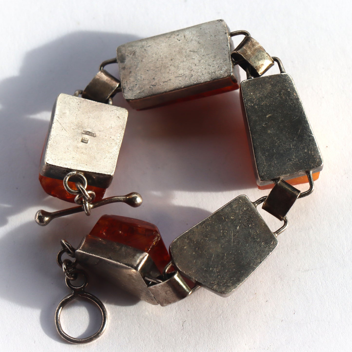 Mid Century Scandinavian Modern Sterling Silver Signed Chunky Amber Bracelet
