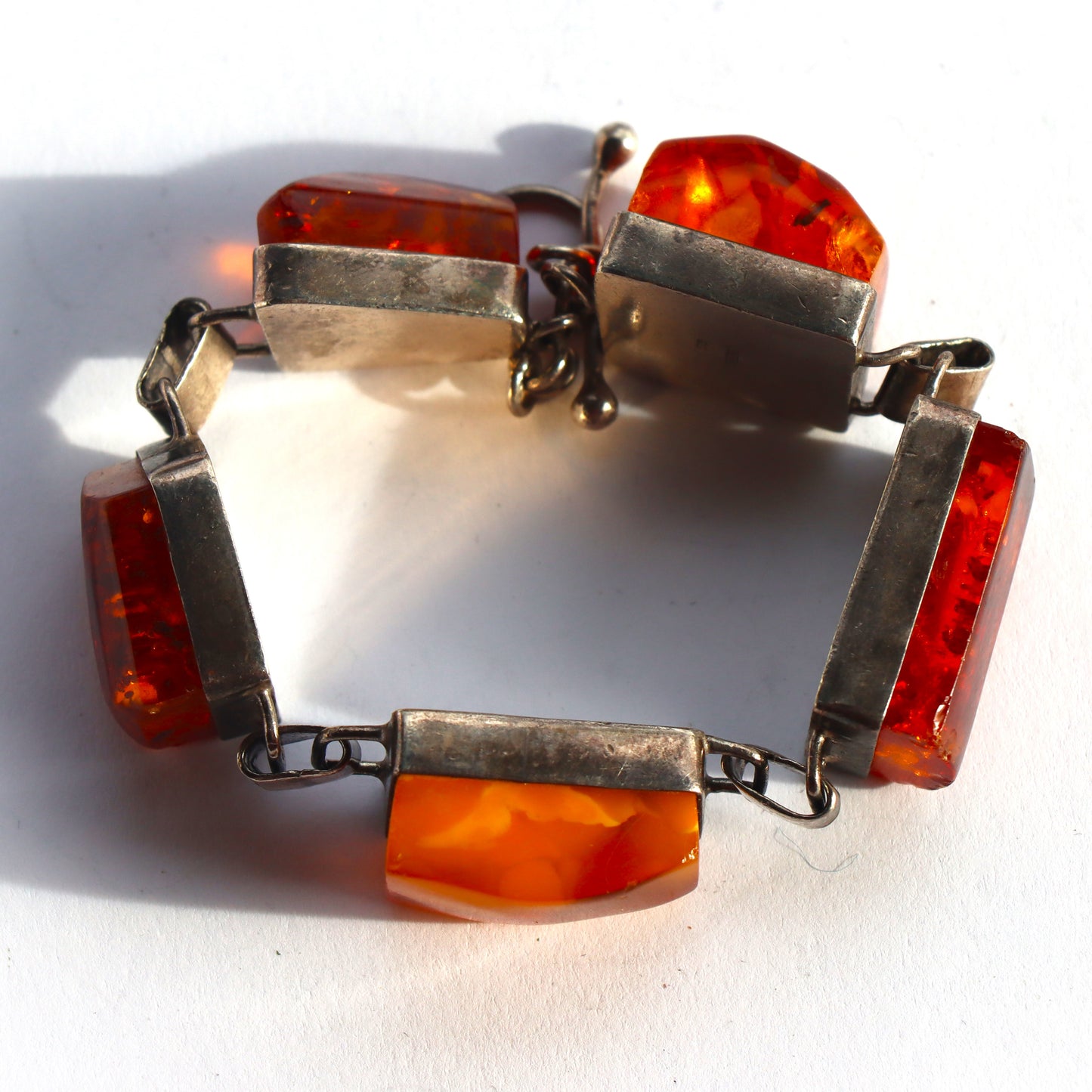 Mid Century Scandinavian Modern Sterling Silver Signed Chunky Amber Bracelet