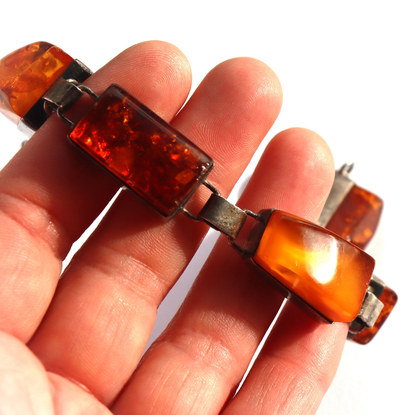 Mid Century Scandinavian Modern Sterling Silver Signed Chunky Amber Bracelet