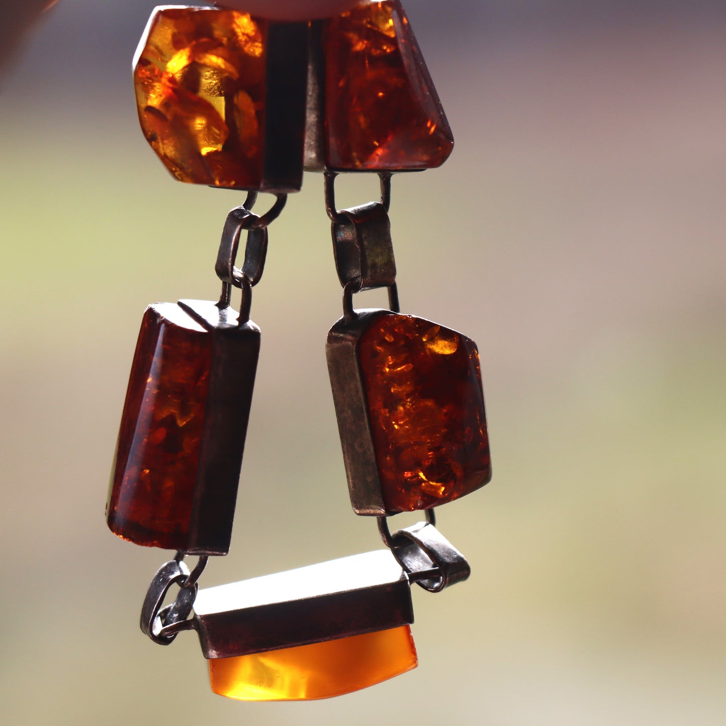 Mid Century Scandinavian Modern Sterling Silver Signed Chunky Amber Bracelet