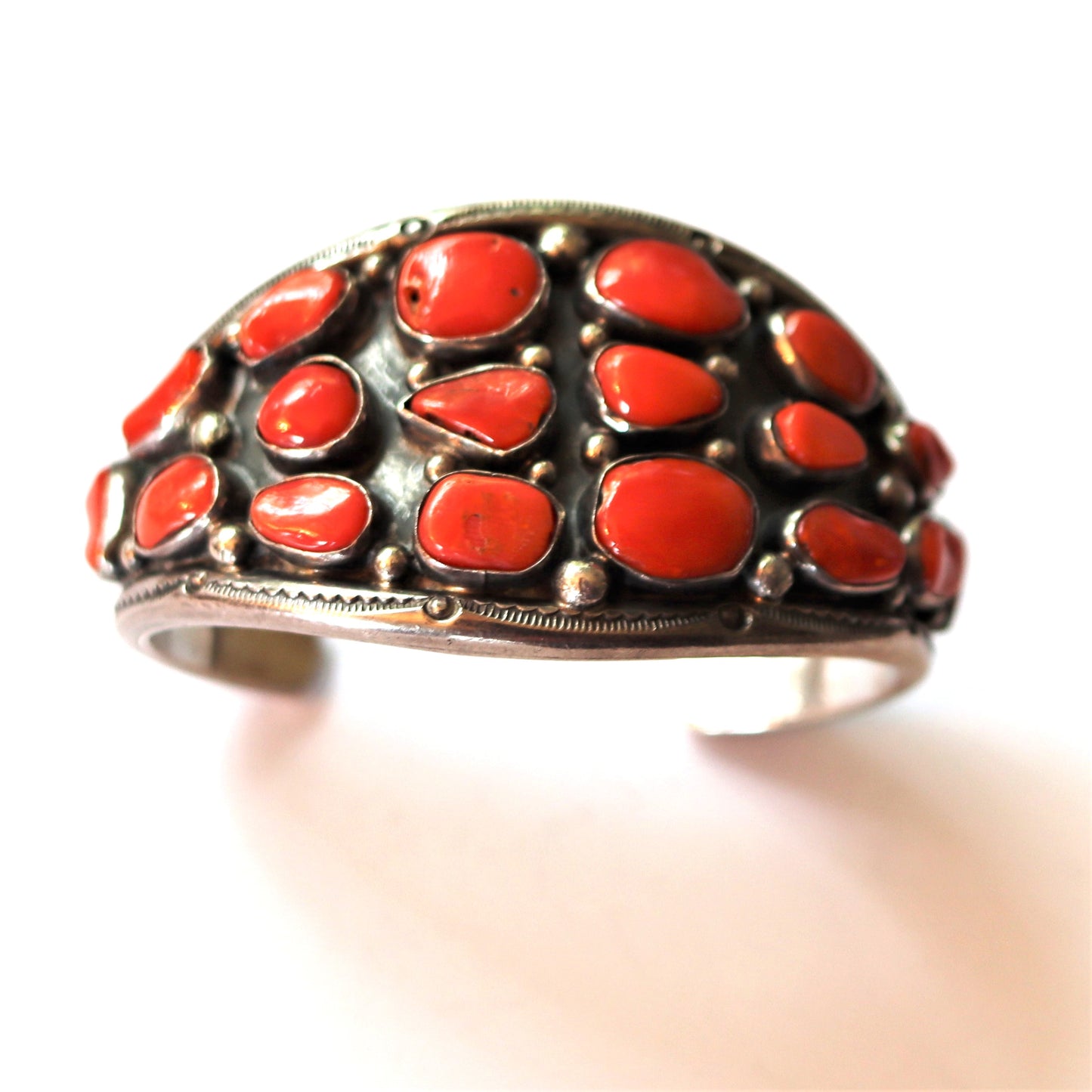 Vintage Large Signed Pueblo San Felipe pos Mary Chavez Coral Cluster Cuff Bracelet