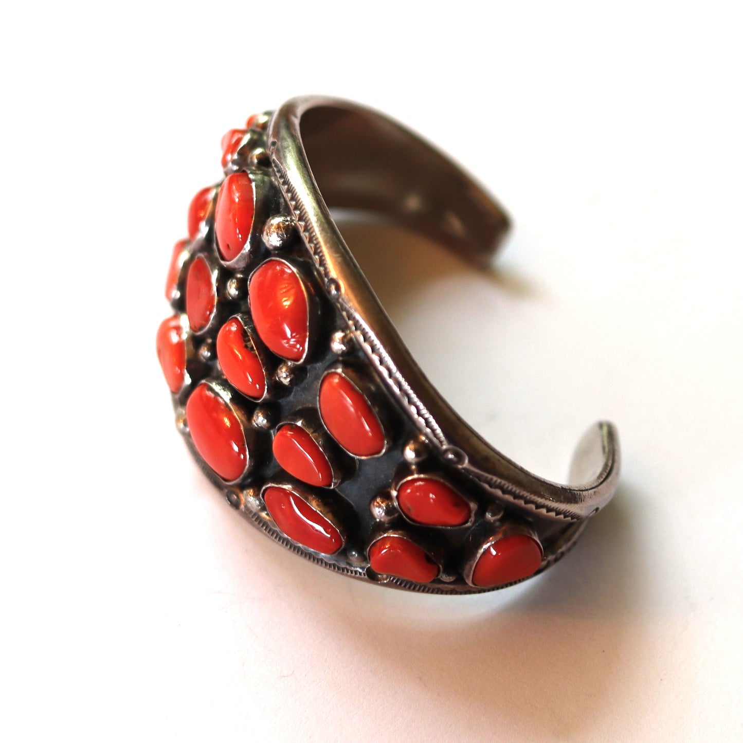 Vintage Large Signed Pueblo San Felipe pos Mary Chavez Coral Cluster Cuff Bracelet