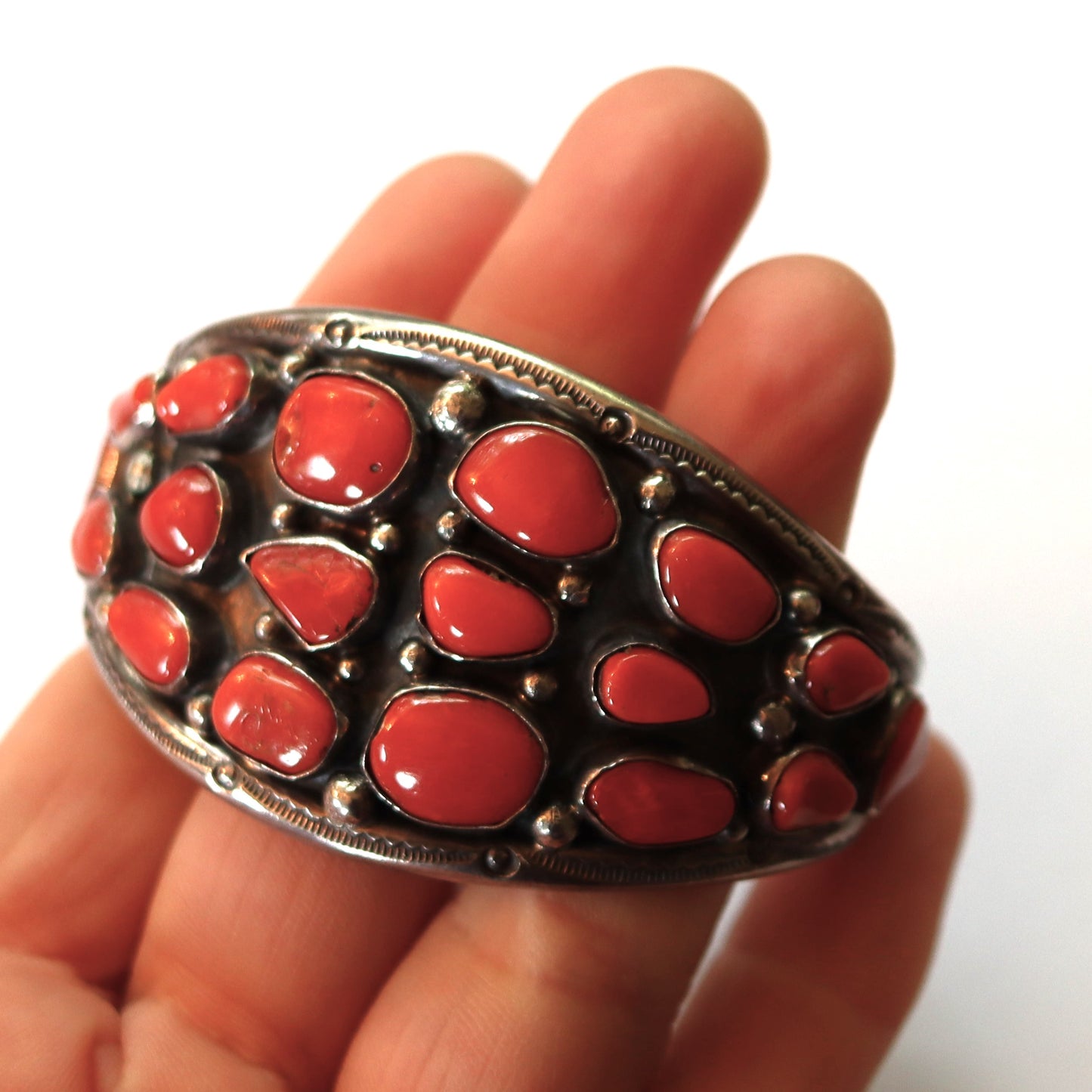 Vintage Large Signed Pueblo San Felipe pos Mary Chavez Coral Cluster Cuff Bracelet