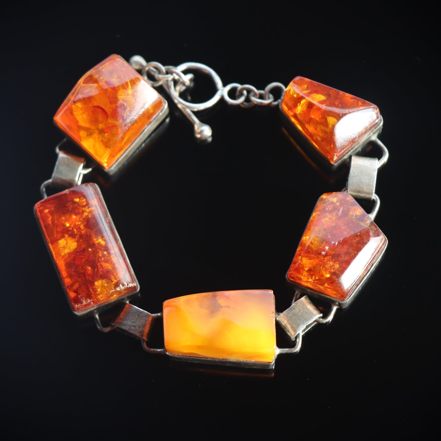 Mid Century Scandinavian Modern Sterling Silver Signed Chunky Amber Bracelet