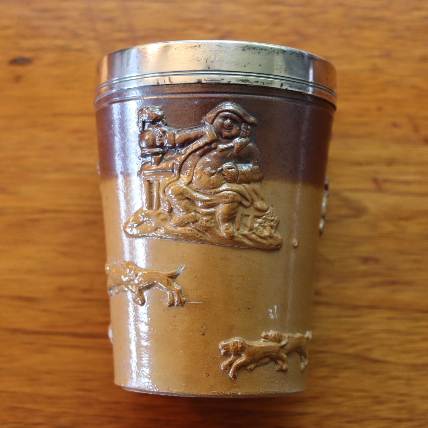 Antique Victorian c1870 Doulton Lambeth Sterling Silver Pottery Tumbler Hunt Cup