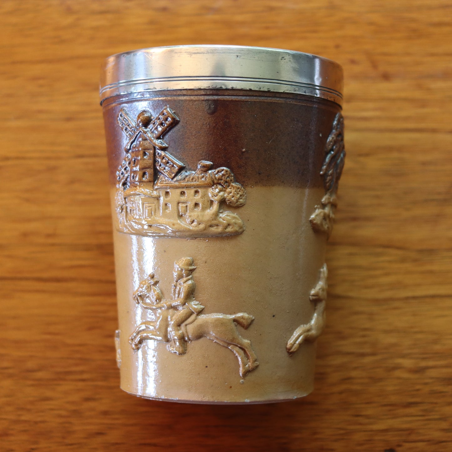 Antique Victorian c1870 Doulton Lambeth Sterling Silver Pottery Tumbler Hunt Cup