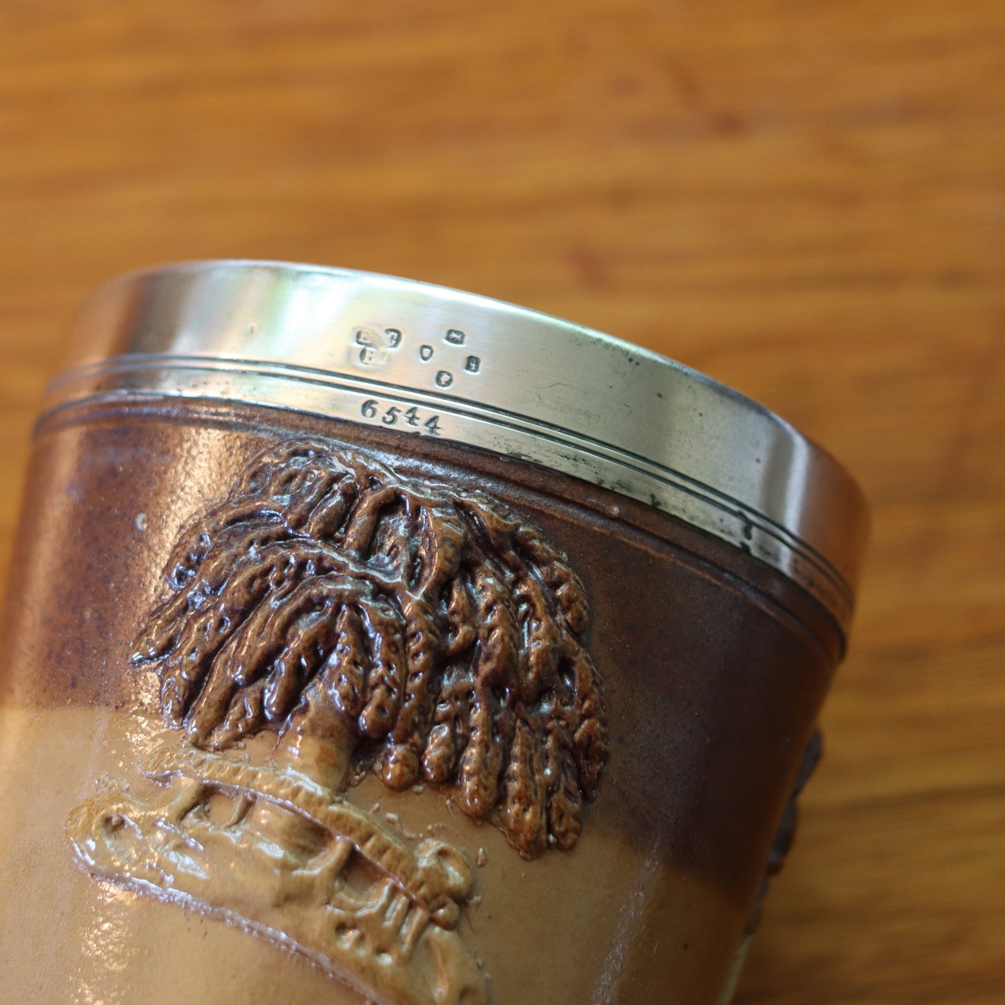 Antique Victorian c1870 Doulton Lambeth Sterling Silver Pottery Tumbler Hunt Cup