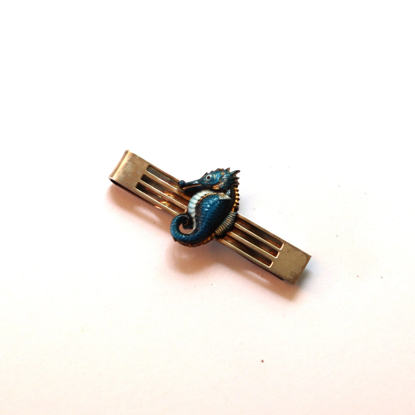 1950s Sterling Silver Japanese Toshikane Figural Ceramic Seahorse Tie Bar Money Clip