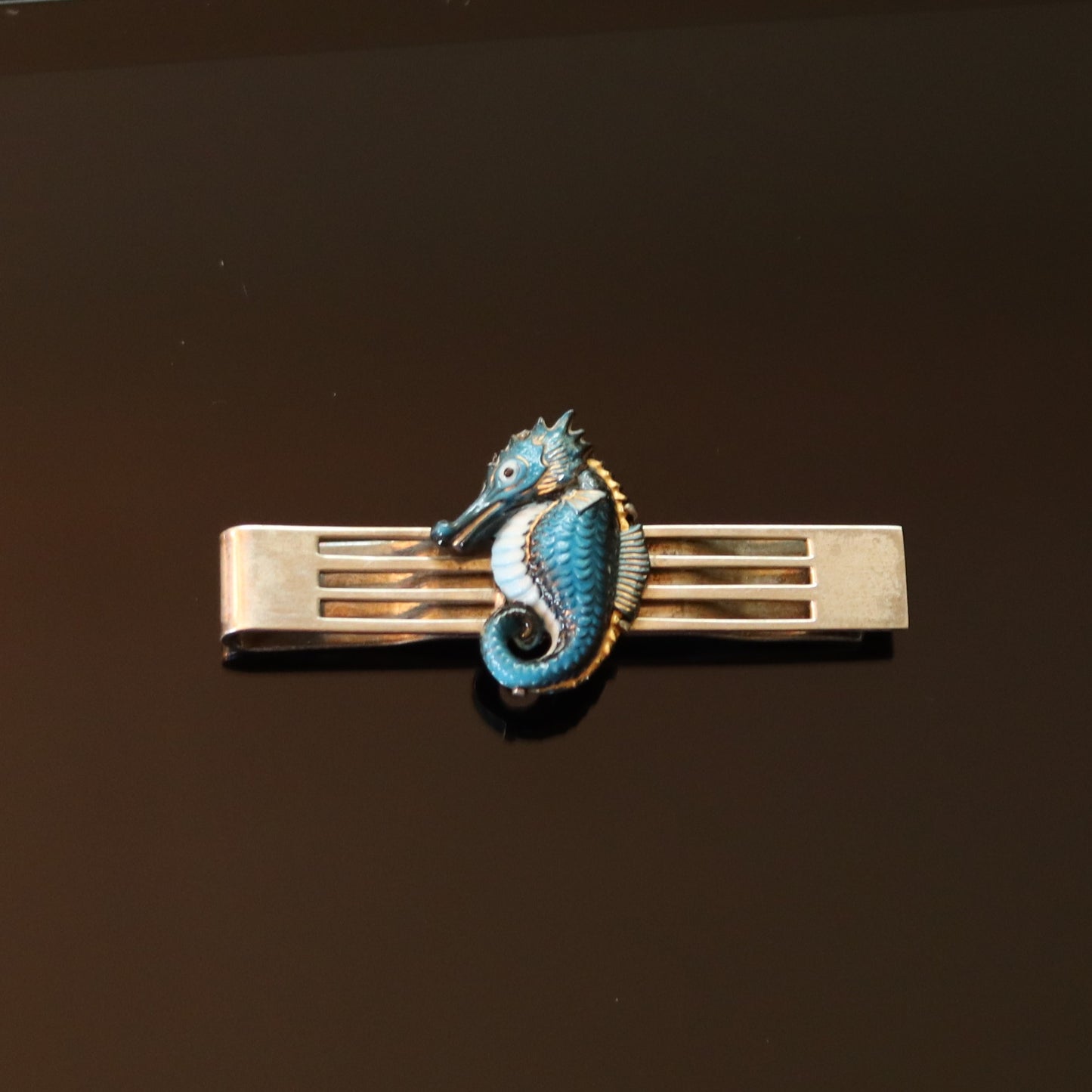 1950s Sterling Silver Japanese Toshikane Figural Ceramic Seahorse Tie Bar Money Clip