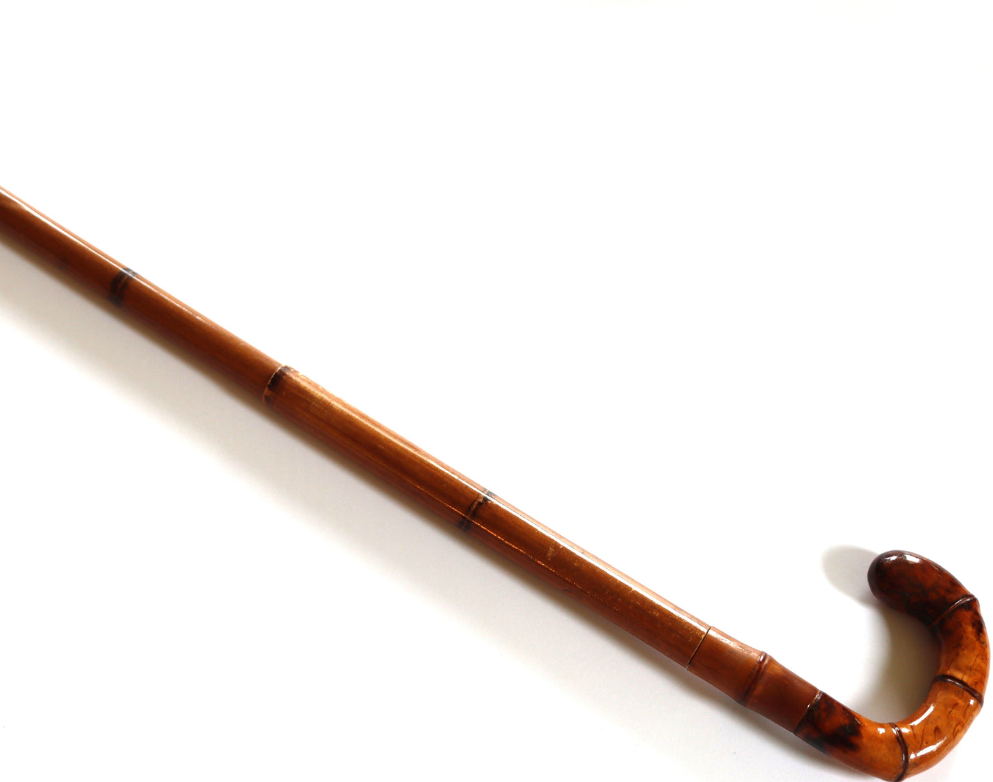 Vintage Novelty Bamboo Crook Cane Telescoping w/ Black Silk Umbrella Walking Stick