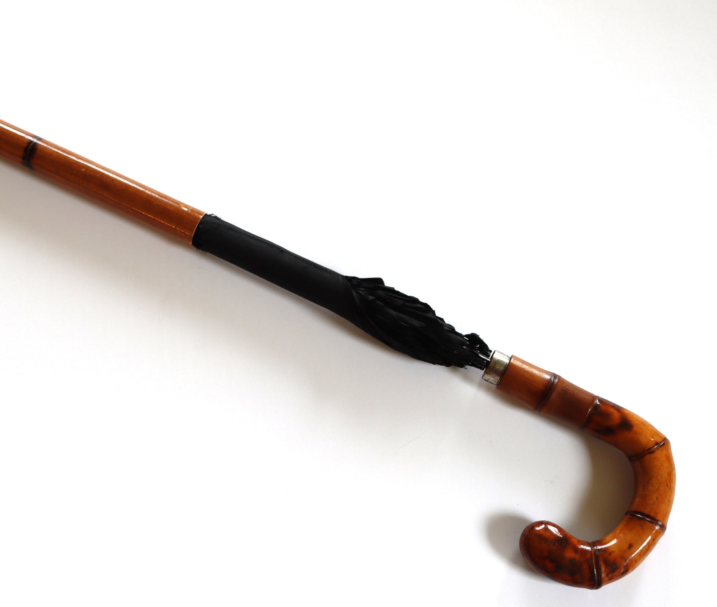 Vintage Novelty Bamboo Crook Cane Telescoping w/ Black Silk Umbrella Walking Stick