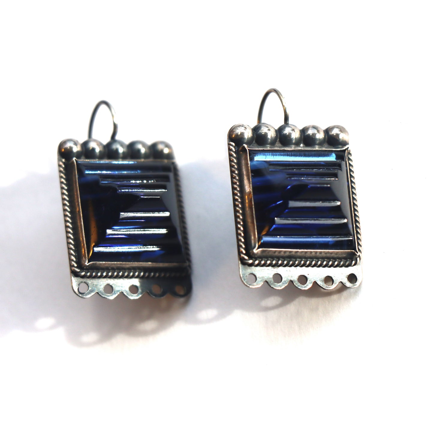 Vintage Mid Century Modern Carved Cobalt Art Glass Mexico Sterling Silver Earrings