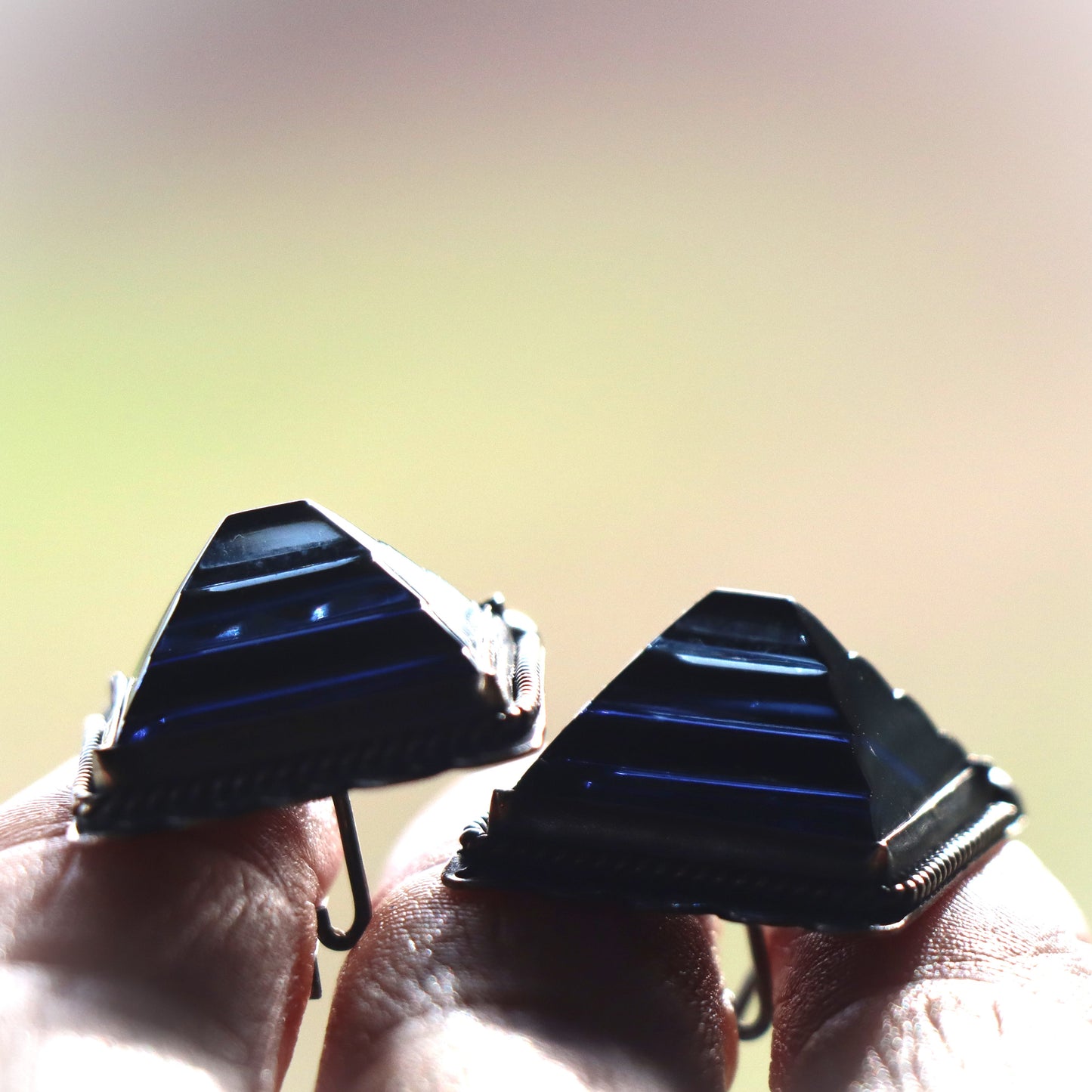 Vintage Mid Century Modern Carved Cobalt Art Glass Mexico Sterling Silver Earrings