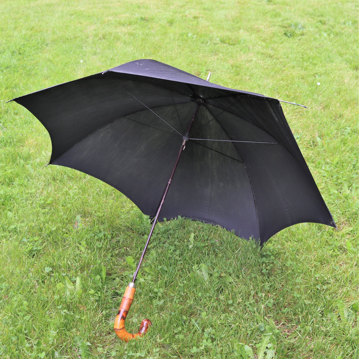 Vintage Novelty Bamboo Crook Cane Telescoping w/ Black Silk Umbrella Walking Stick