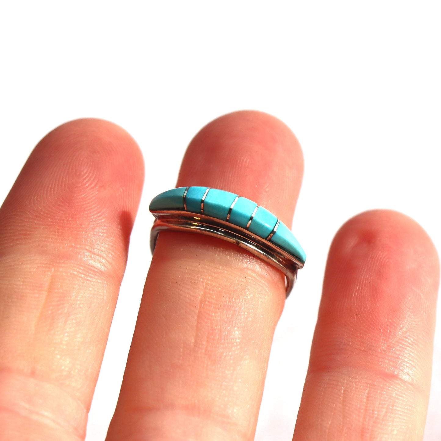 Contemporary Zuni Sterling Silver Blue Turquoise Inlaid Statement Ring sz8