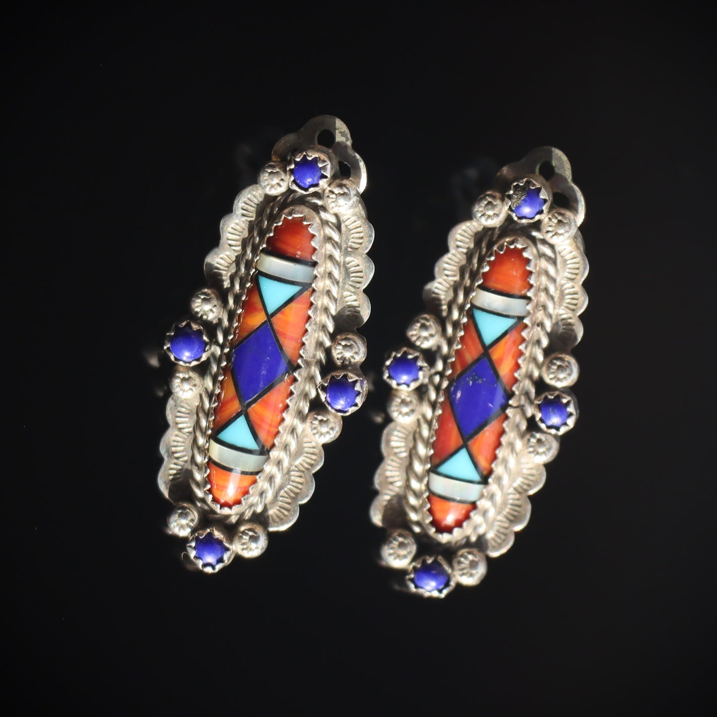 Vintage Navajo Sterling Silver Multi Inlaid Stone Clip on Ben Chavez Earrings c1990