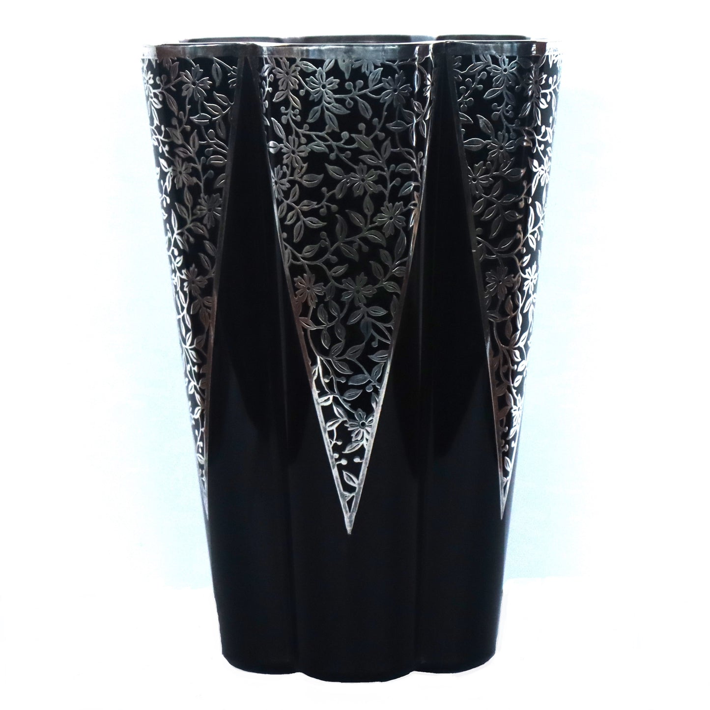 Art Deco Black Amethyst Glass 8" Lobed Sterling Silver Floral Overlay Vase c1930