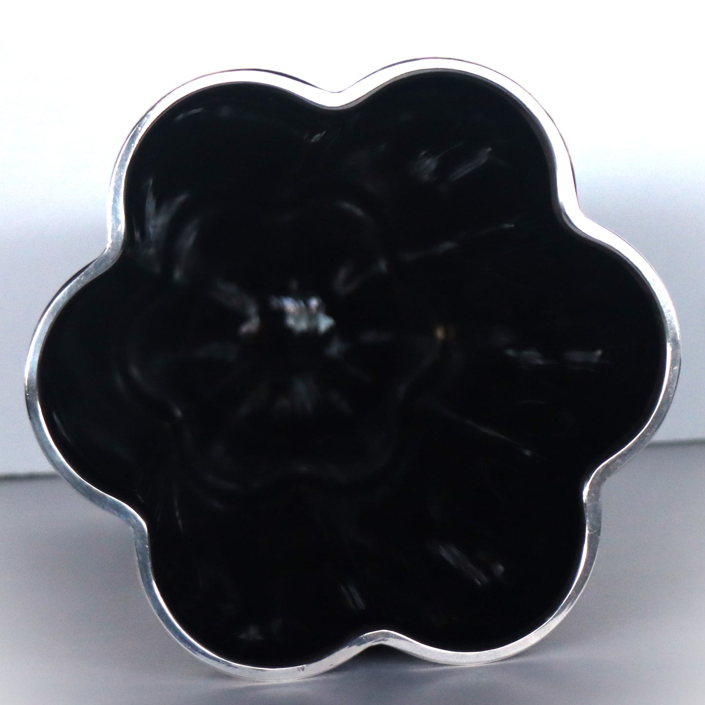 Art Deco Black Amethyst Glass 8" Lobed Sterling Silver Floral Overlay Vase c1930