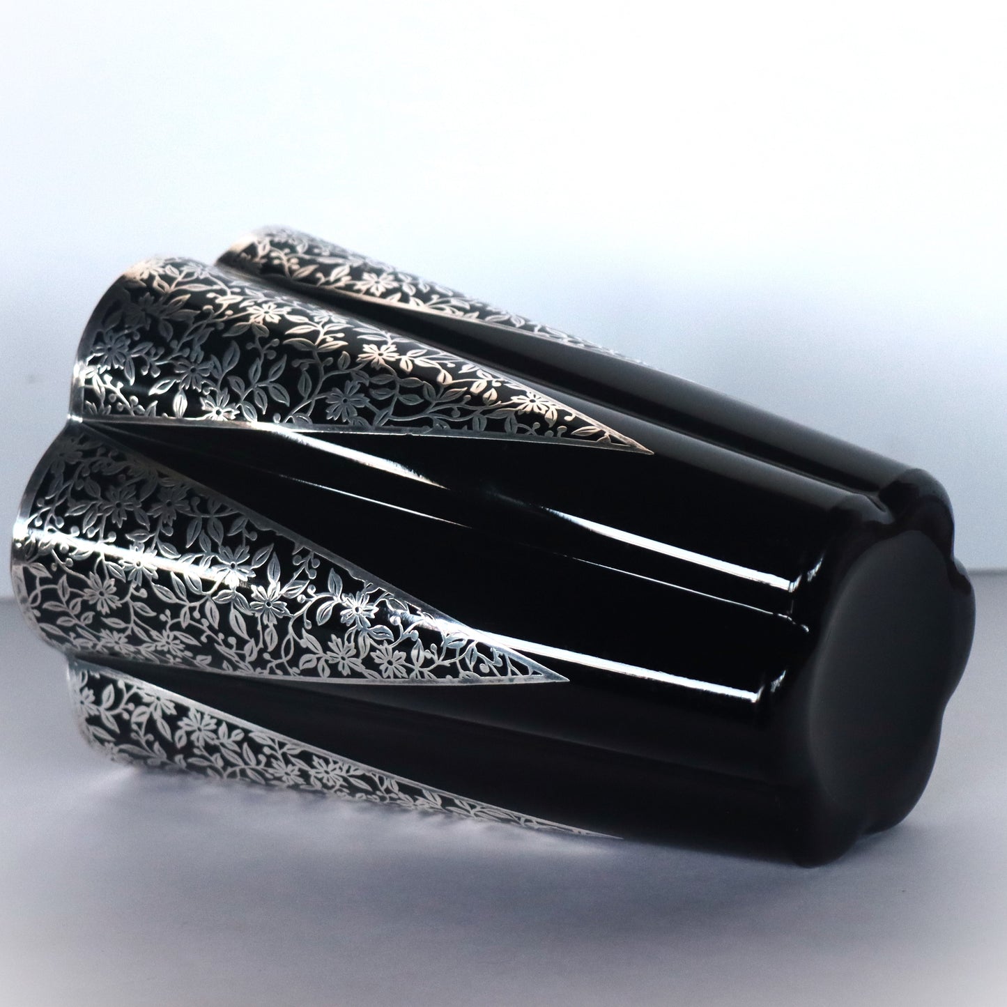 Art Deco Black Amethyst Glass 8" Lobed Sterling Silver Floral Overlay Vase c1930