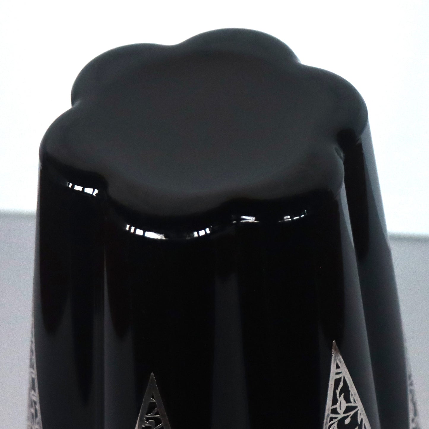 Art Deco Black Amethyst Glass 8" Lobed Sterling Silver Floral Overlay Vase c1930