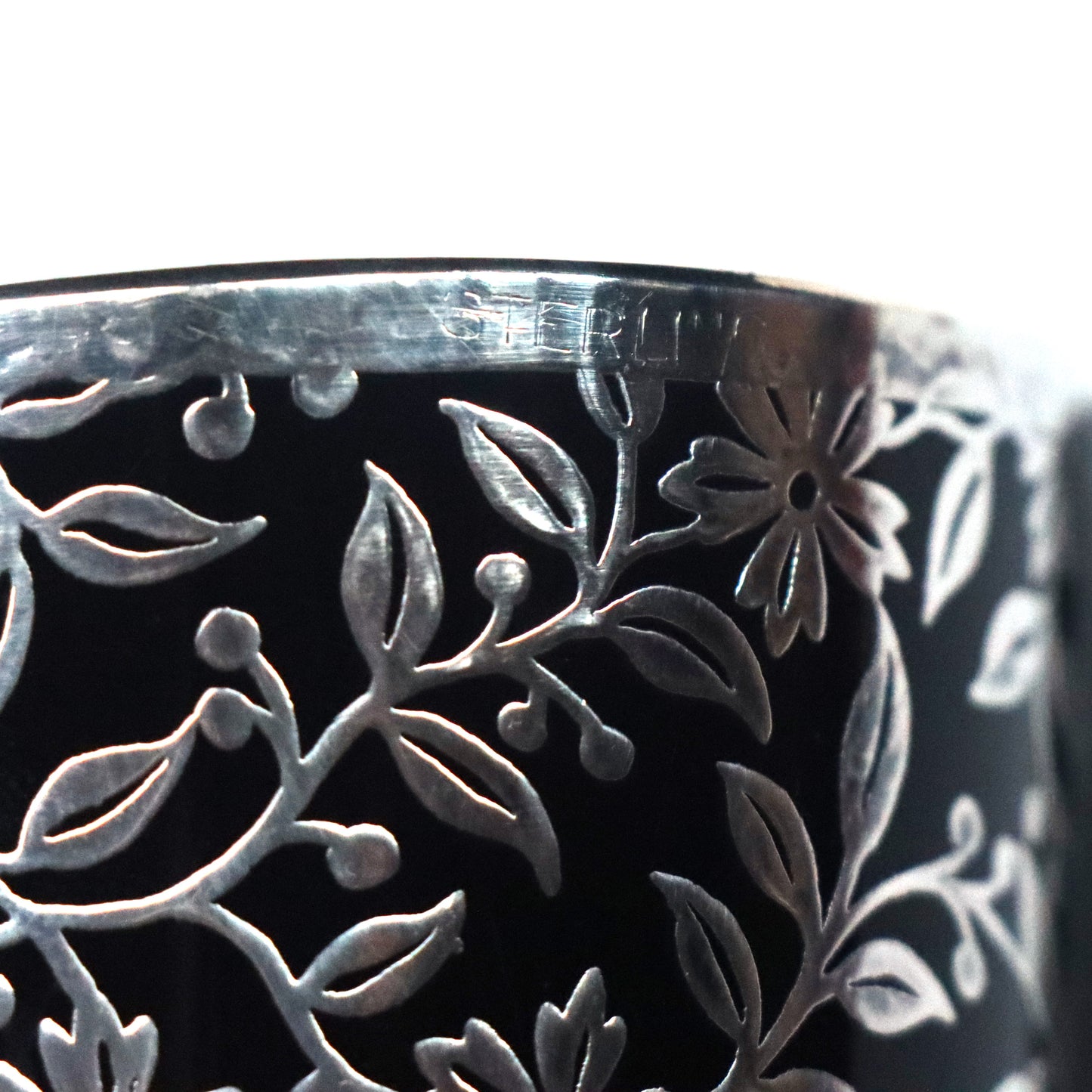 Art Deco Black Amethyst Glass 8" Lobed Sterling Silver Floral Overlay Vase c1930