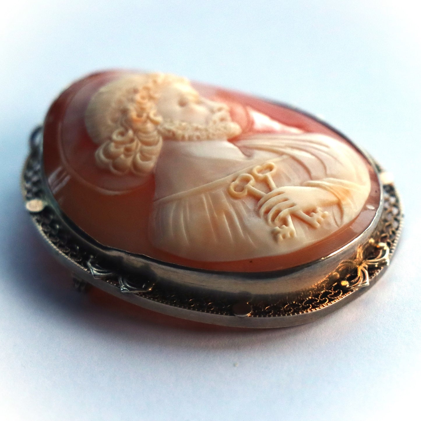 Antique Vermeil Sterling Filigree Hand Carved Shell Cameo Brooch of Saint Peter c1900