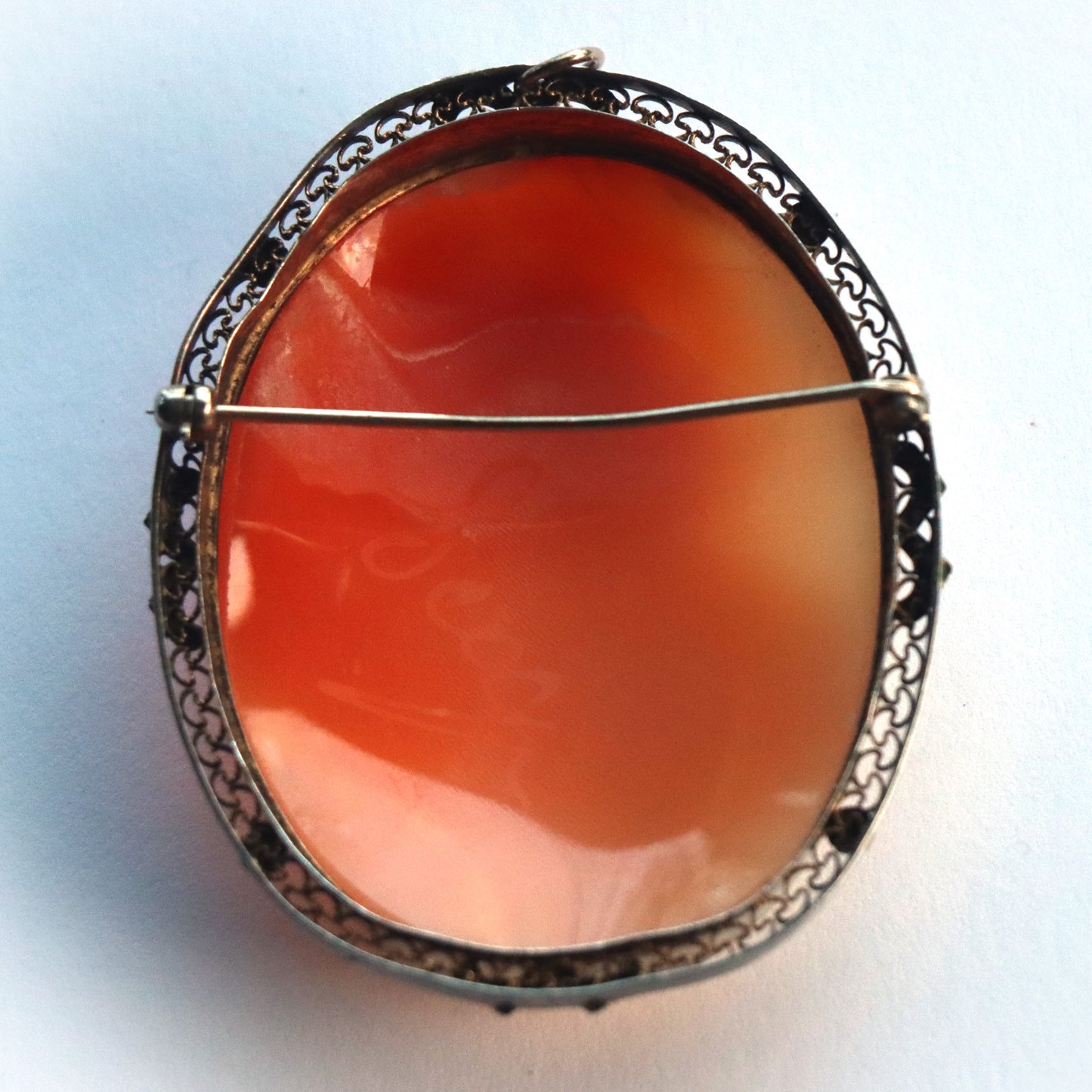 Antique Vermeil Sterling Filigree Hand Carved Shell Cameo Brooch of Saint Peter c1900