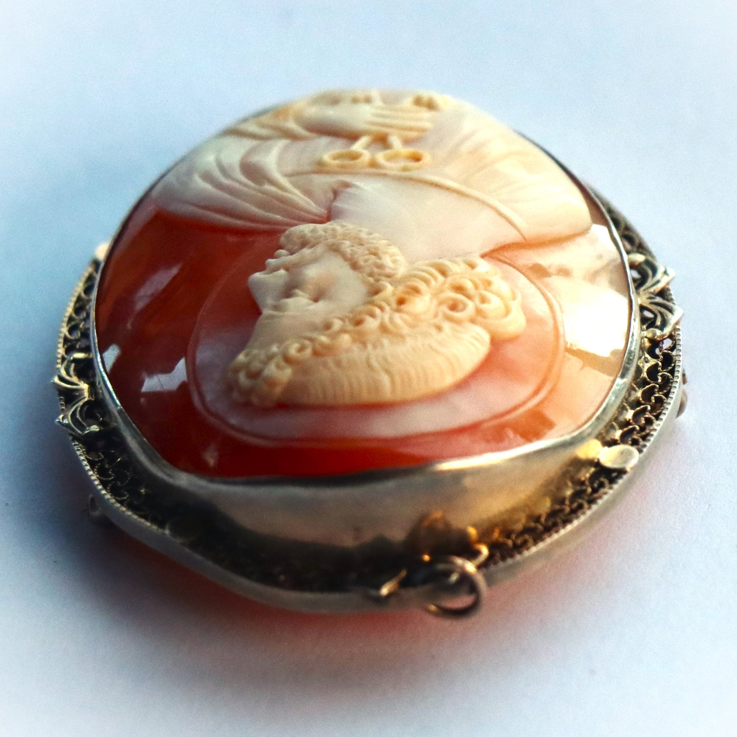 Antique Vermeil Sterling Filigree Hand Carved Shell Cameo Brooch of Saint Peter c1900